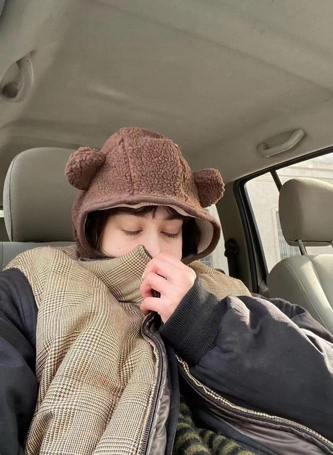 OATSBAS Fleece Beanie Hats for Women Men Bear Safety Hat Magnetic Buckle Ear Projection Cute Outdoor Winter Hat (One Size,Brown) - Image 3